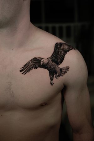 A stunning black and gray eagle tattoo, meticulously executed in micro realism style by talented artist Delphin Musquet.