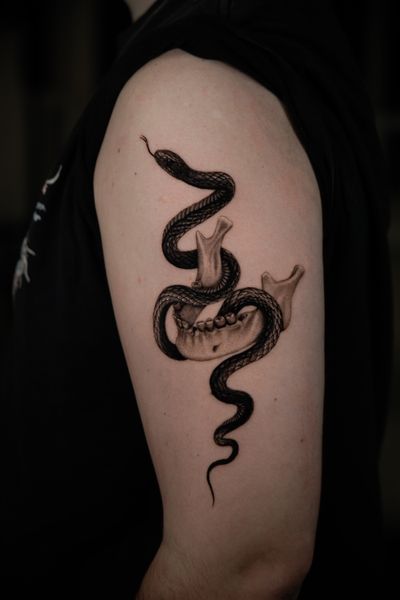 Delphin Musquet creates a haunting black and gray tattoo featuring a venomous serpent and a menacing skull with a jaw.