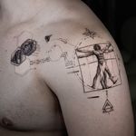 Experience the beauty of fine line, geometric, and micro realism styles in this intricate tattoo of the iconic Vitruvian Man by Delphin Musquet.