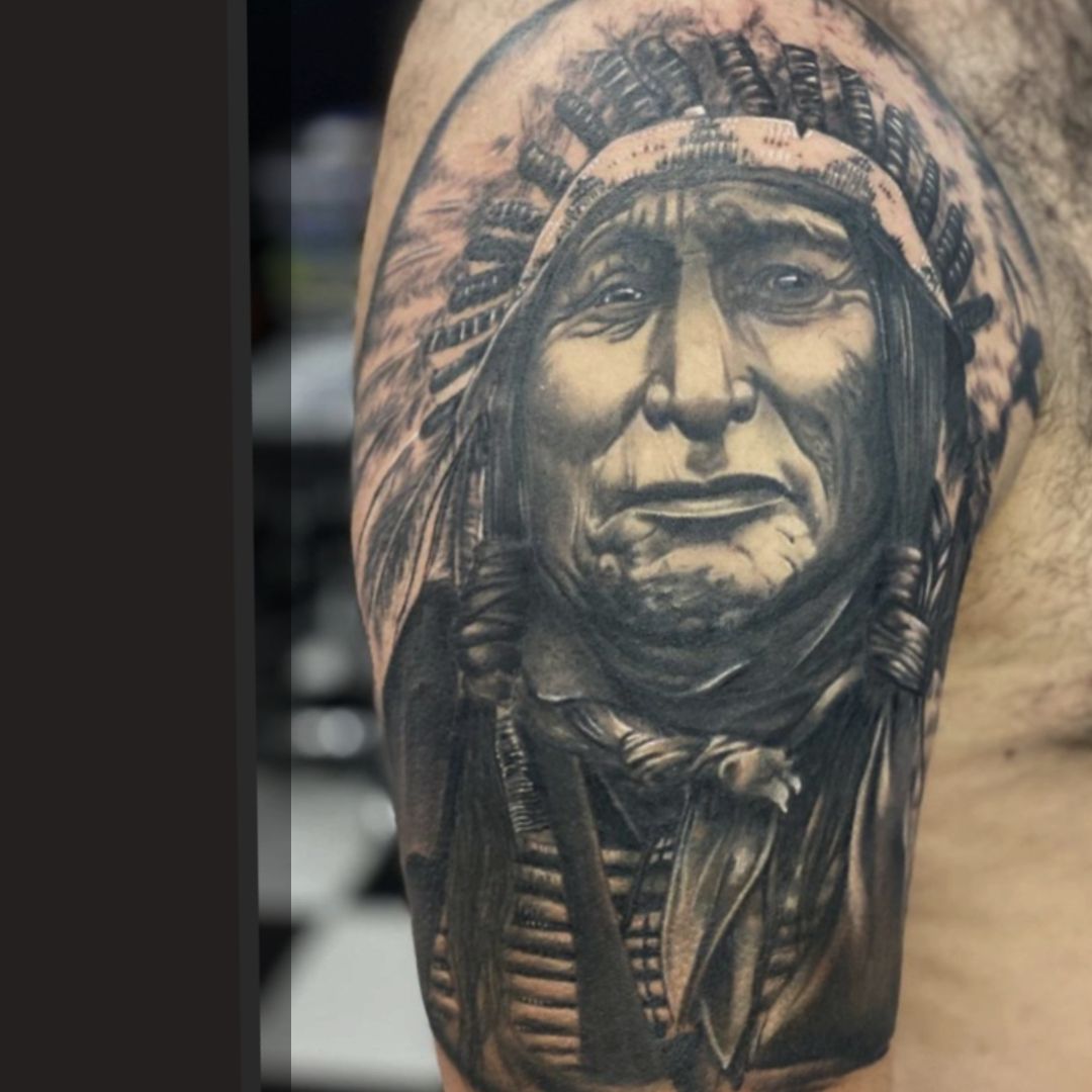 Tattoos by Fong - Finally finished with this native chief. . . .  #blackandgrey #native #chief #tattoo #bng #nativeamericantattoo  #realistictattoo #mntattooers #realism #fkirons #spektraxion  #hustlebutterdeluxe #guyswithtattoos #legtattoo #bnginksociety ...