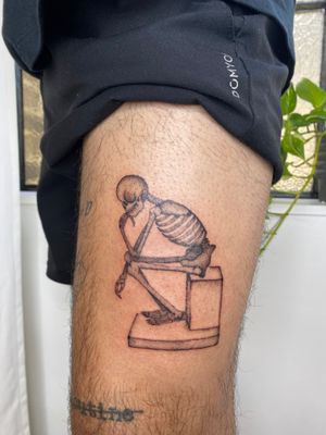 Get a unique black and gray illustrative tattoo of a skeleton squatting while potting from tattoo artist Charlie Macarthur.