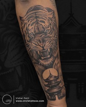 Tiger and shrine realism tattoo done by Vishal Patil at Circle Tattoo Dadar 