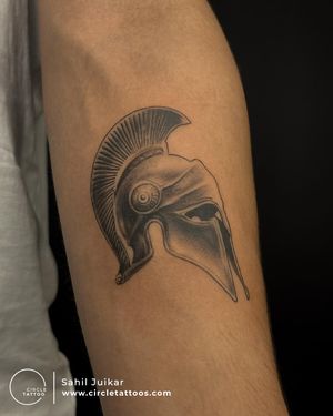 Spartan Helmet Tattoo Done by Sahil Juikar at Circle Tattoo Dadar 