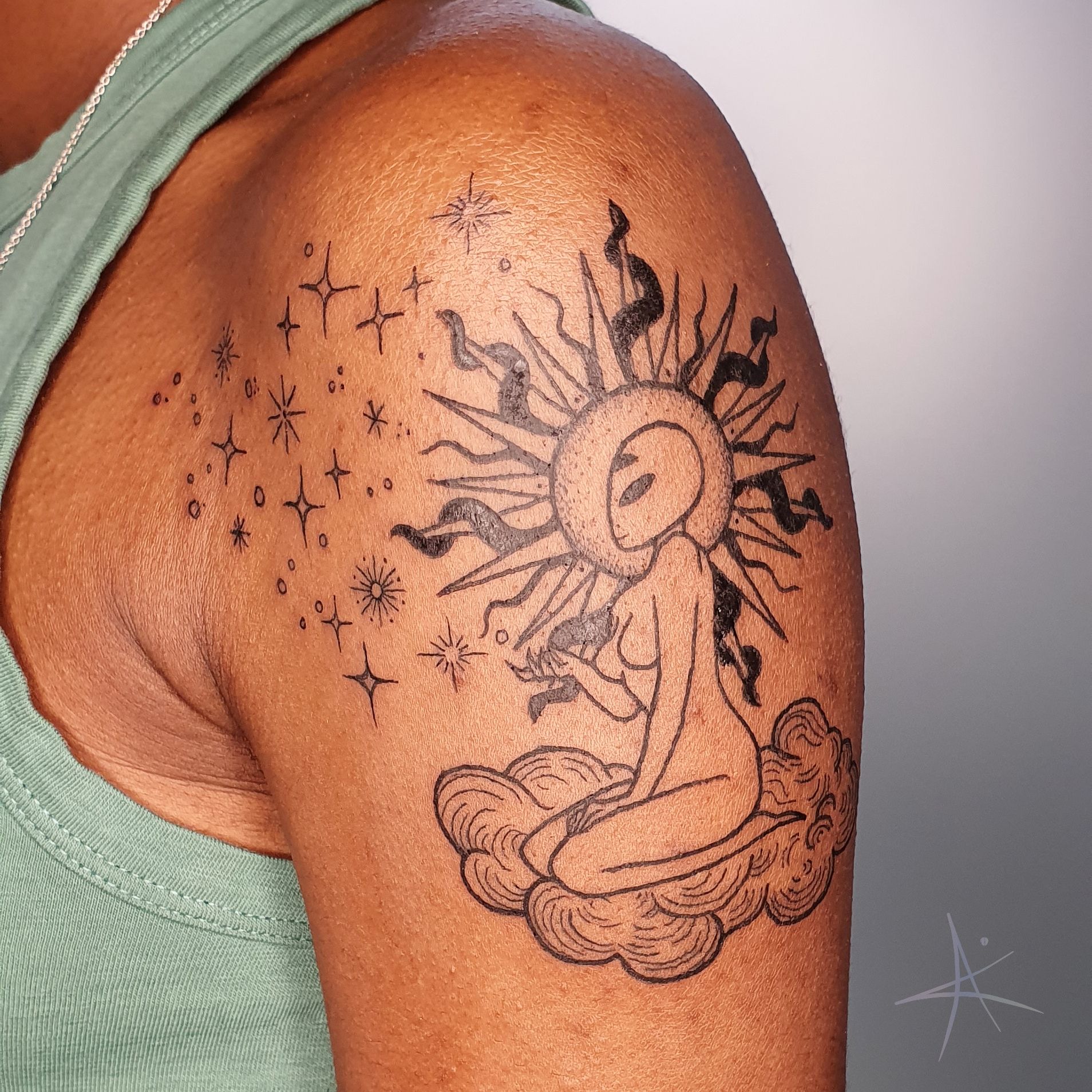 Sun tattoo for my sweet, Solar-powered friend! Thank you Melissa 🤍🌞 (2.5  hours) • #tattoo #tattoos #sun #sunTattoo #sunshineTatt... | Instagram