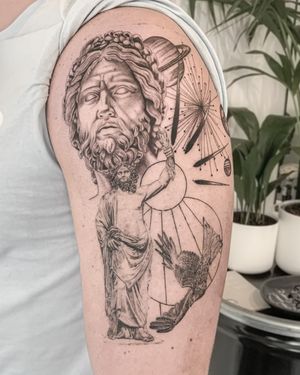 Black and grey realism of Greek statues and bird of prey with geometric line work.