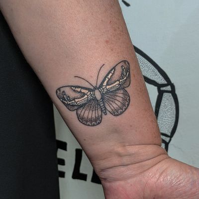 Explore the mystique of the night with this stunning blackwork and dotwork moth design by Alien Ink. Hand-poked for a unique touch.