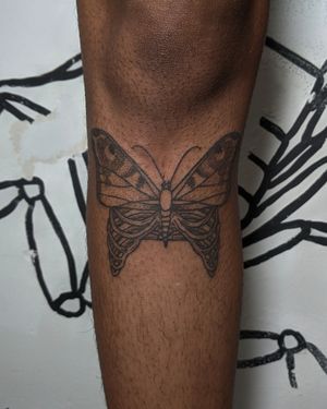Embrace the beauty of a butterfly with intricate dotwork details on dark skin, expertly done by Alien Ink.