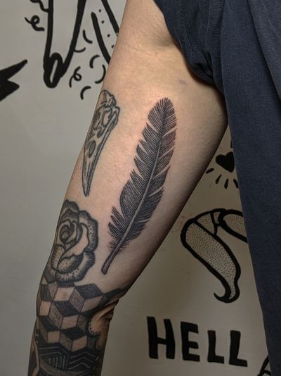 Capture the beauty of nature with this detailed illustrative feather tattoo design by Alien Ink. Perfect for those who seek a unique and artistic tattoo.