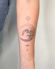 Black and grey wave with dot work moon and sun with numbers