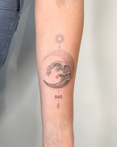 Black and grey wave with dot work moon and sun with numbers 