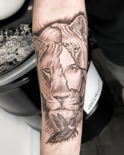 Black and grey realism - lion with female portrait and hummingbird 