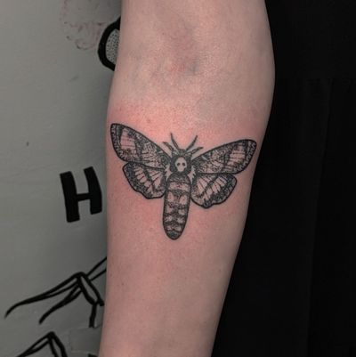 Elegant blackwork and dotwork moth tattoo by Alien Ink, created with precision and dedication.