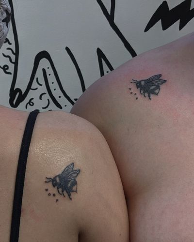 Get buzzed with this unique dotwork bee tattoo created by Alien Ink. A minimalist masterpiece for bee lovers.