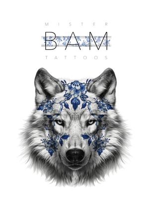 Black and grey realism wolf with delft pattern 