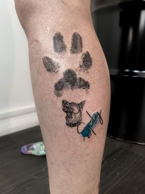 Dog paw print with black and grey realism miniature portrait and script with splash of watercolour 