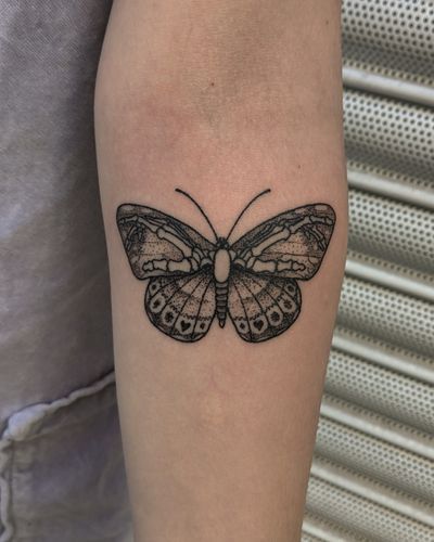 Beautiful hand-poked dotwork moth tattoo by Alien Ink, representing transformation and mystery.