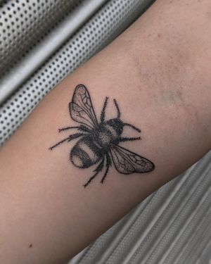 Elegantly detailed bee design by Alien Ink, combining blackwork, dotwork, and illustrative styles for a unique and stunning look.
