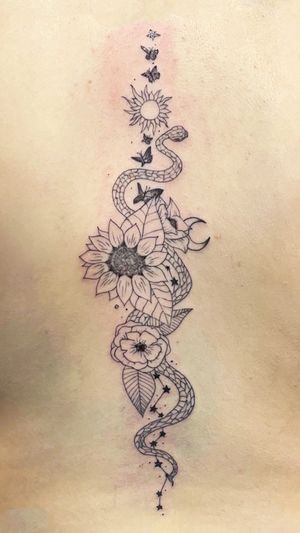 Back Piece #fineline #floral #flower #snake #moon #sun #star #tattooideas #ronnyeast