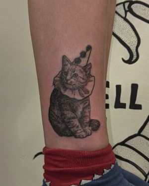 Experience the unique fusion of dotwork, hand-poke, and illustrative styles in this mesmerizing cat tattoo by Alien Ink.