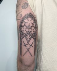 Black and grey realism cathedral windows with swords