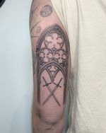 Black and grey realism cathedral windows with swords