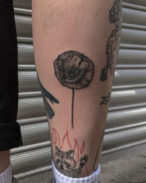 Experience a unique mix of dotwork and illustrative style in this hand-poked flower tattoo by the talented artist Alien Ink.