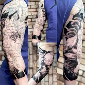 japanese koi with skull and peonies
