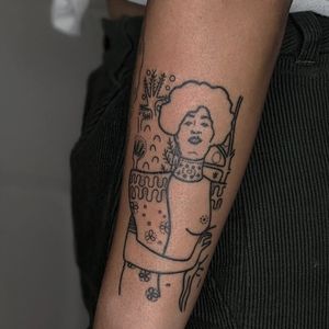Get a stunning Gustav Klimt inspired tattoo of Judith I, done in illustrative style by Alien Ink. An artistic masterpiece on your skin!