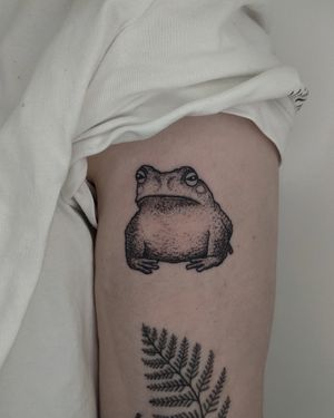Unique dotwork and illustrative style frog tattoo done by Alien Ink, bringing a whimsical touch to your skin.