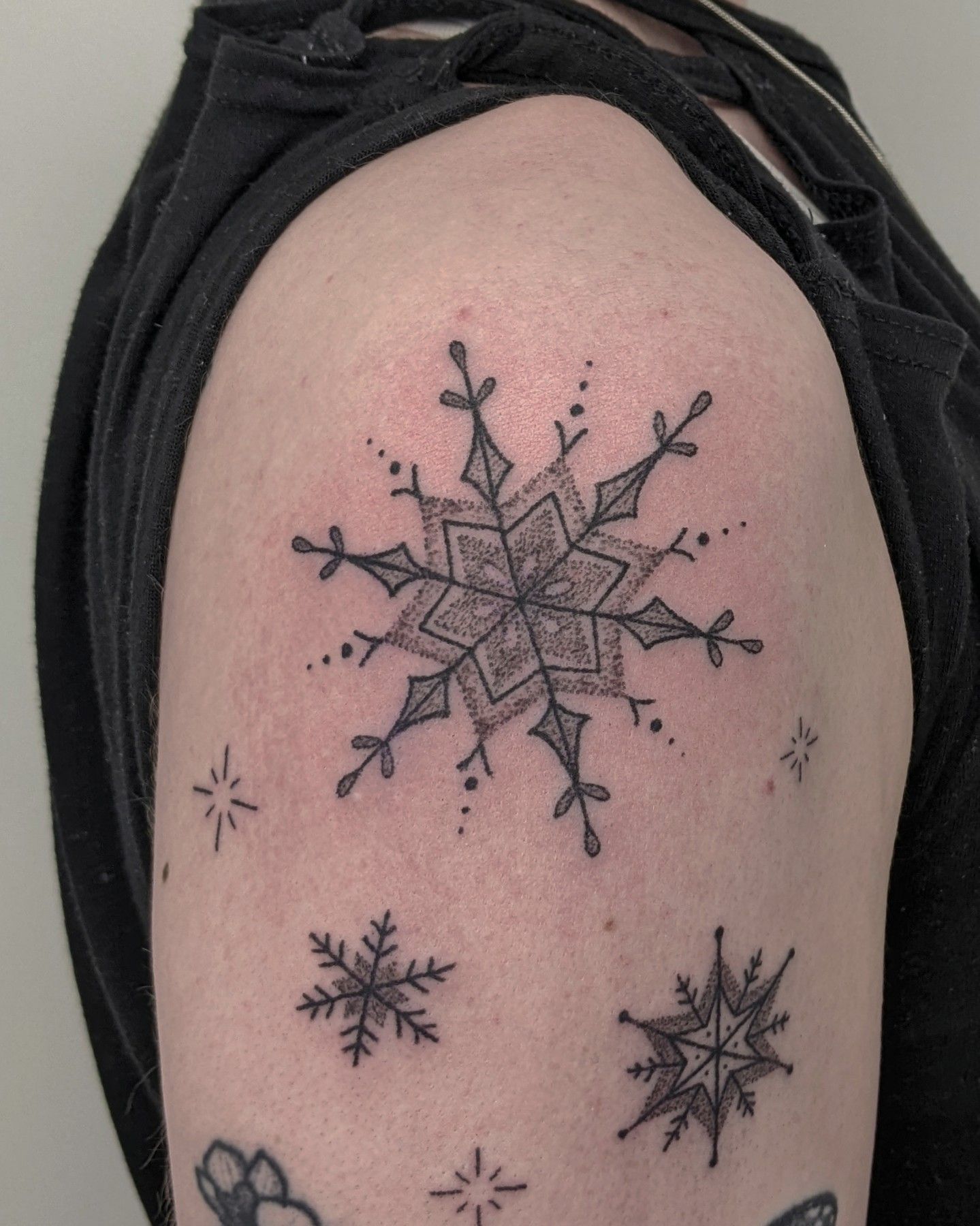 Tattoo tagged with: geometric shape, snowflake, dotwork, arm, black, big,  dot, ingahannarr, nature, blackwork, tatuaje, tatuajes, sleeve, geometric |  inked-app.com