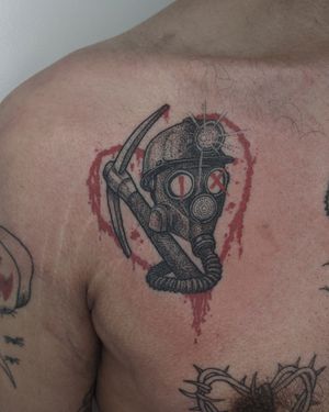 Unique dotwork and hand-poke design by Alien Ink. Explore the depths with this striking tattoo of a gas mask-wearing miner.