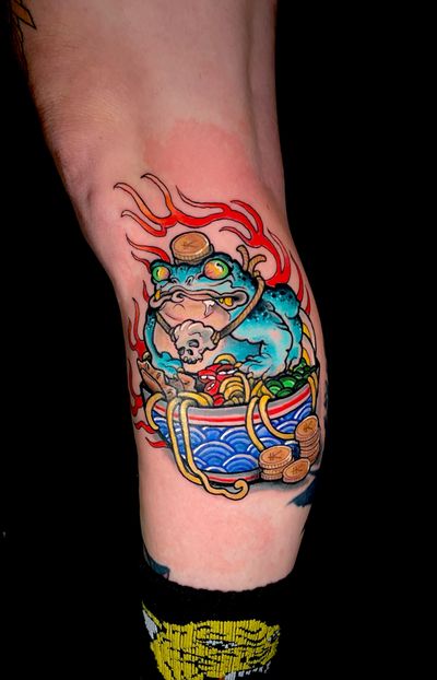 Experience the fusion of traditional Japanese art with modern neo-traditional style in this stunning lower leg tattoo by Jethro Wood.