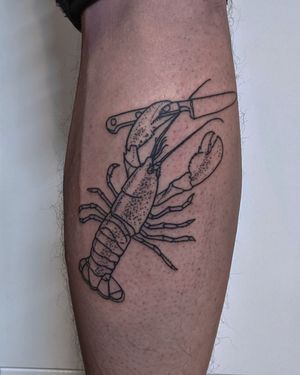 Experience a stunningly detailed lobster design with dotwork technique by Alien Ink. Perfect for those who love marine life tattoos!