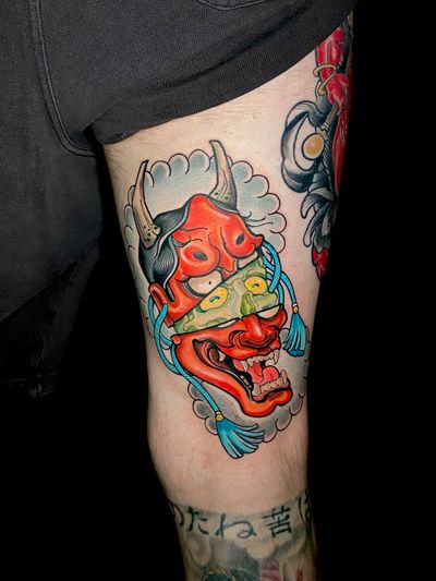 Experience the intricate blend of traditional Japanese and modern neo-traditional styles with this mesmerizing hannya tattoo by renowned artist Jethro Wood.
