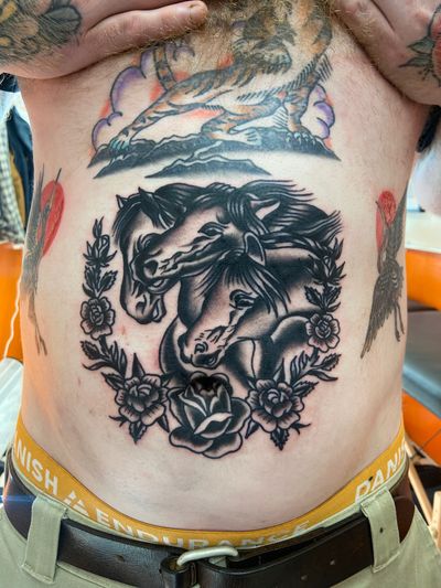 Get a classic traditional tattoo of a majestic horse by talented artist Flashbyaj. Perfect for those who appreciate timeless designs.