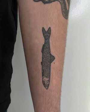 Illustrative design of a fish by Alien Ink, created using dotwork and hand-poke tattoo techniques.