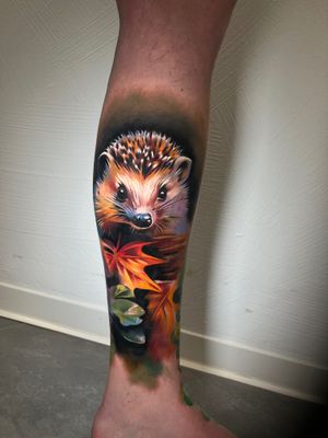 Get a charming hedgehog tattoo in detailed realism style by Cloto.tattoos for a unique and cute look. Perfect for nature lovers!