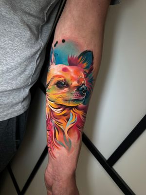 Capture the essence of your beloved pet with a stunning illustrative watercolor tattoo by Cloto.tattoos. Perfect for any animal lover.
