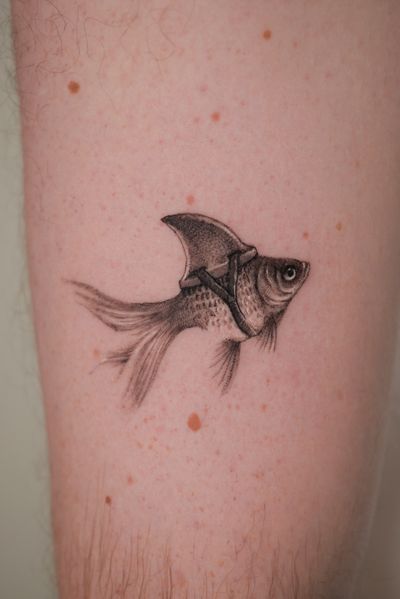 Explore the depths with this stunning black and gray tattoo of a fish and shark by the talented artist Alexander Rufio.