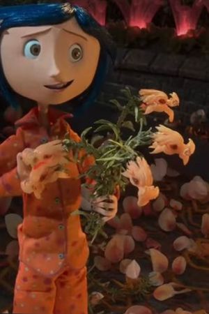A black and white tat of Coraline's hand holding a bouquet of the Snapdragons from the movie