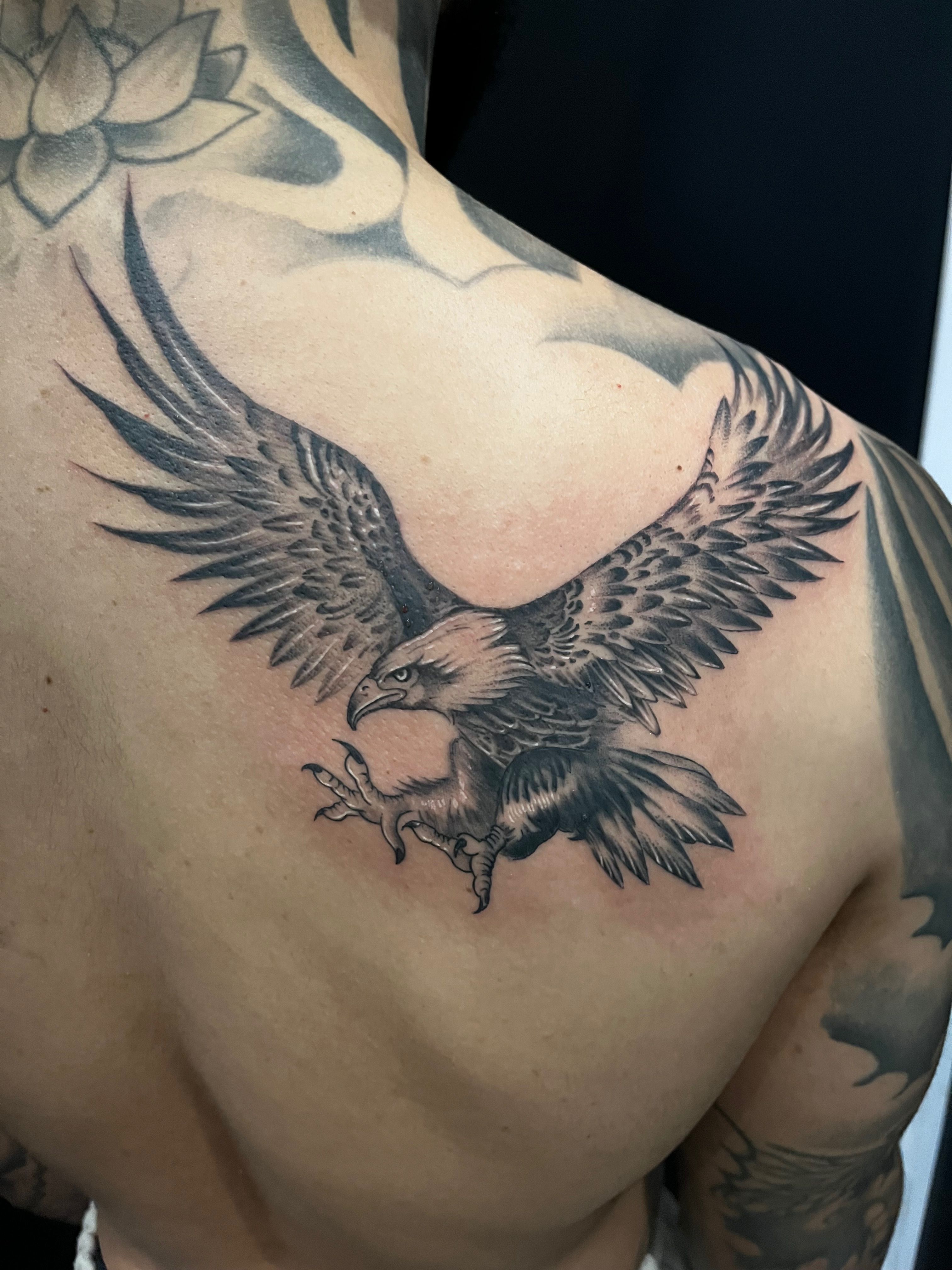 Grey Wizard And Eagle Tattoo Design On Men Upper Back – Truetattoos