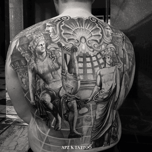 Apollo and Dionysus Tattoo in Black and Gray Realism on Back by APZ in Copenhagen, Denmark. In Copenhagen, APZ, a world-class tattoo artist, crafts modern black and gray realism tattoos. His Apollo and Dionysus piece on a back speaks volumes with its lifelike realistic details. APZ’s talent travels from Copenhagen to New York to Dubai, leaving impactful, soulful marks wherever he goes. Want to get a unique reminder? APZ is here to help you. Explore his portfolio on Instagram: @apztattoo. #surrealism #Realism #black&gray #tattoodoambassador #blackandgray #realism #surrealism #Black & Gray 