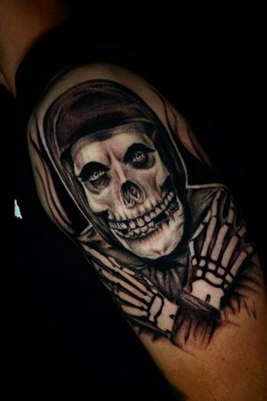 Capture the eerie beauty of the iconic Crimson Ghost in stunning black and gray realism by the talented artist, Miss Vampira.