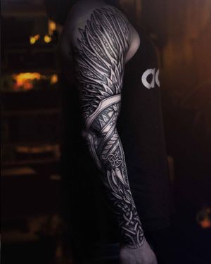 "Immerse yourself in the allure of Celtic and Viking symbolism with this neoviking tattoo, a visual testament to the strength and beauty of North European heritage."
