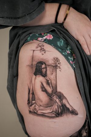 Experience the artistry of Alexander Rufio with this stunning black & gray painting tattoo, capturing the essence of a masterpiece on your skin.