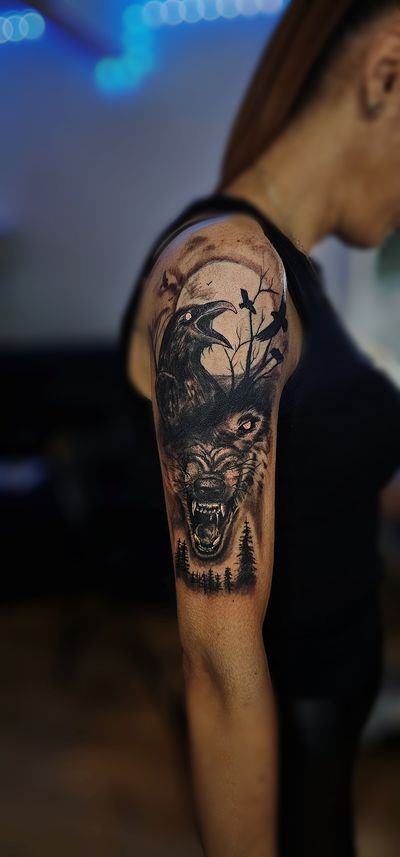 Wolf and crow tattoo 