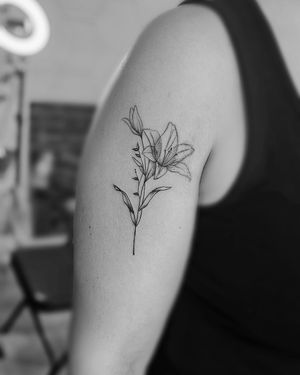 Elegant and detailed illustrative flower tattoo by the talented artist Larisa Andreea Boboc. Achieve a delicate and timeless look with fine line work.