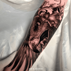 Eagle tattoo in black and gray realism on the forearm, done by the tattoo artist APZ in Copenhagen, Denmark. In Copenhagen, APZ, a world-class tattoo artist, crafts modern black and gray realism tattoo. His eagle piece on an arm speaks volumes with its lifelike realistic details. APZ’s talent travels from Copenhagen to New York to Dubai, leaving impactful, soulful marks wherever he goes. Want to get a unique reminder? APZ is here to help you. Explore his portfolio on Instagram: @apztattoo. #surrealism #realism #black&gray #tattoodoambassador #blackandgray #realism #surrealism #microrealism