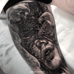 Eagle Tattoo in Black and Gray Realism on Thigh by APZ in Copenhagen, Denmark. In Copenhagen, APZ, a world-class tattoo artist, crafts modern black and gray realism tattoos. His eagle piece on a thigh speaks volumes with its lifelike realistic details. APZ’s talent travels from Copenhagen to New York to Dubai, leaving impactful, soulful marks wherever he goes. Want to get a unique reminder? APZ is here to help you. Explore his portfolio on Instagram: @apztattoo. #surrealism #realism #black&gray #tattoodoambassador #blackandgray #realism #surrealism #microrealism