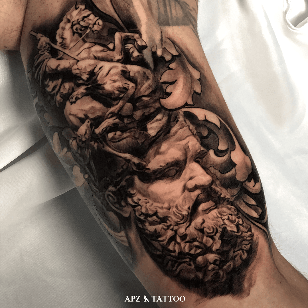 Method Art Tattoo - Greek theme spartan and Parthenon half sleeve by  @craiggossartist #greektattoo #tattoo #ink #greek #blackandgreytattoo  #greekmythology #inked #tattoos #tattooartist #tattooart #art #sleevetattoo  #tattooideas #realismtattoo #tattooed ...